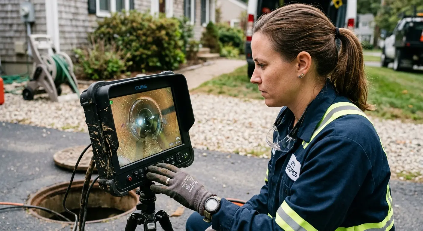 Technician reviewing sewer camera inspection footage in Busti