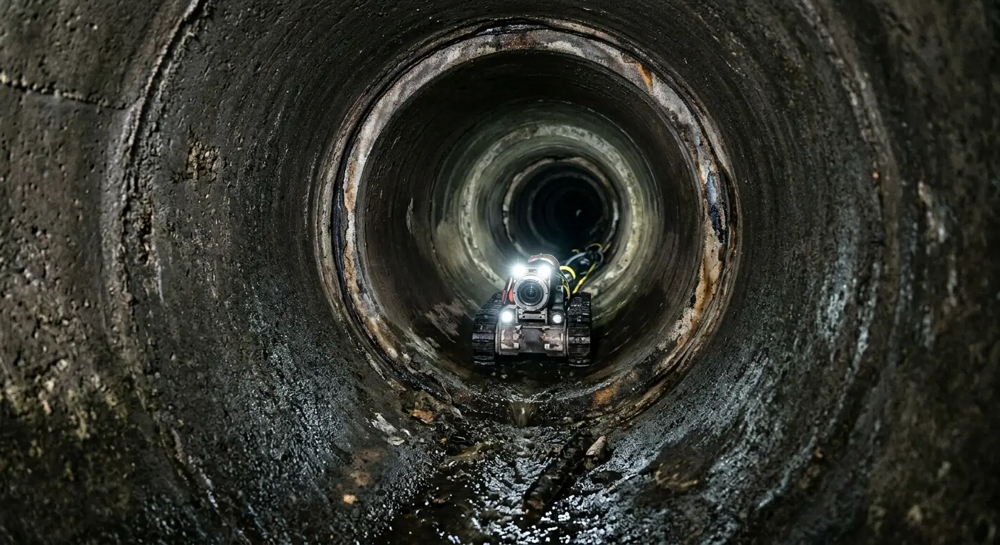 Robotic sewer camera inspecting pipe interior for Sewer Line Cleaning in Busti