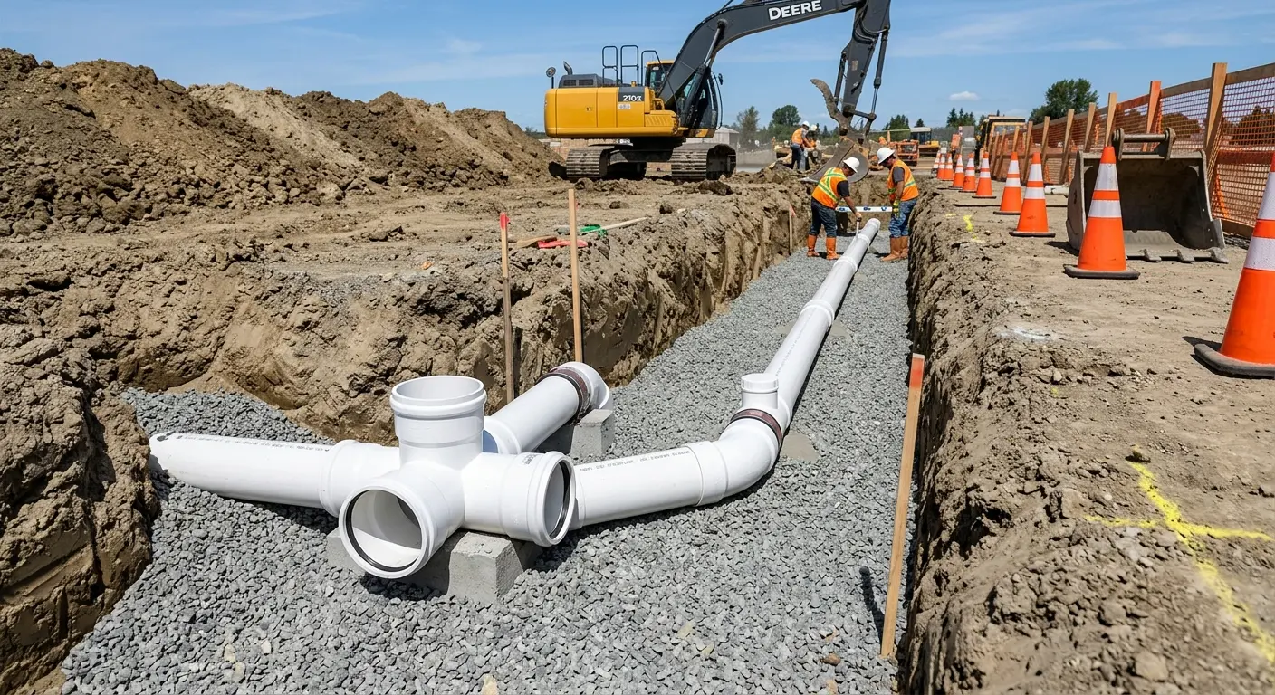 New PVC sewer pipe installation in open trench for Sewer Backup in Busti