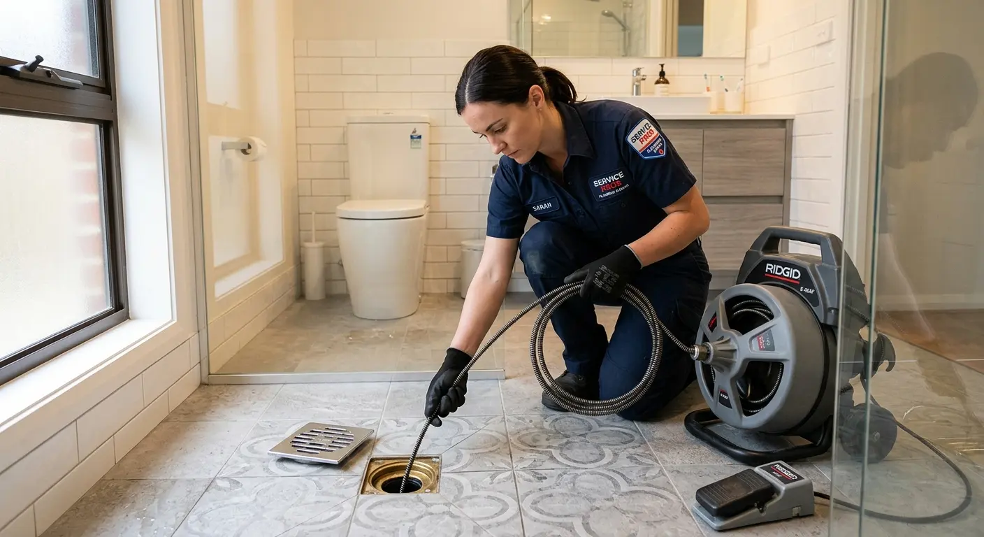Technician clearing a bathroom floor drain for Drain Cleaning in Busti